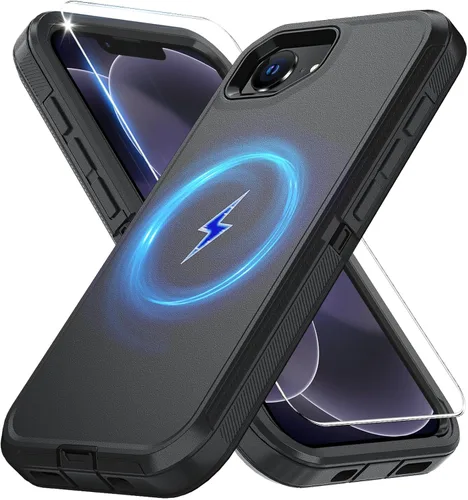 Vista 46 de Funda magnética para iPhone 13/iPhone 14 [compatible con Magsafe] [protector de pantalla de vidrio] [protección de grado militar de doble capa] Negro