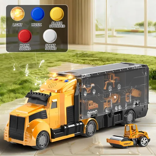 Vista 4 de NIPLOOOW Juego de juguetes de camiones de construcción con alfombra de juego, juego de vehículos de transporte de camiones para niños de 3, 4, 5 y 6