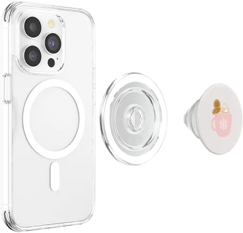 Vista 4 de Festive Sip - Taza de copo de nieve rosa con diseño de pan de jengibre Joy PopSockets MagSafe PopGrip para iPhone
