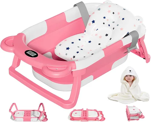 Vista 8 de MoreFeel Bañera plegable para bebé recién nacido con termómetro y 1 toalla con capucha y 1 cojín flotante suave, bañera de viaje portátil