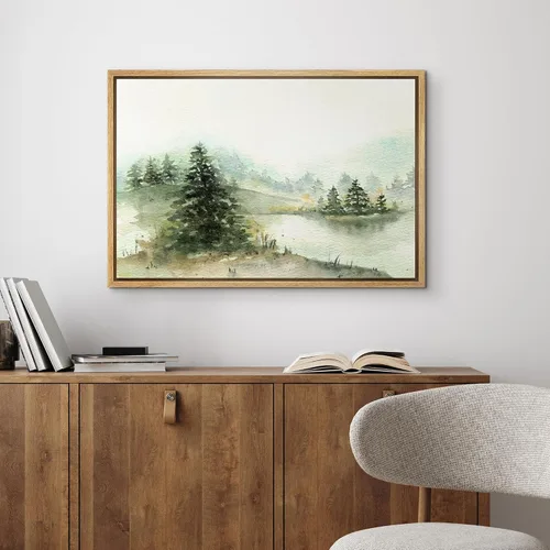 Vista 2 de wall26 Lienzo enmarcado de arte de pared, acuarela en tonos pastel, pino, árbol, bosque, lago, naturaleza, ilustraciones de área silvestre, arte
