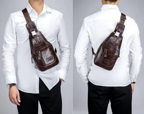 Vista 5 de BULLCAPTAIN Mochila bandolera de cuero genuino para hombre, multibolsillo, bandolera, bolsas de pecho, viajes, senderismo, mochila, Marrón