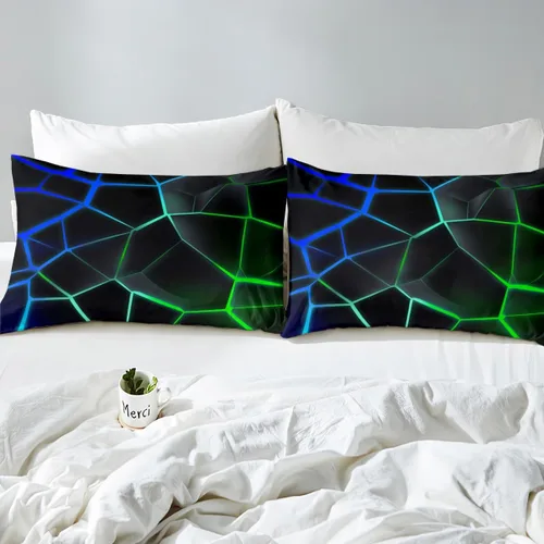 Vista 5 de Juego de ropa de cama geométrica de panal verde y azul, funda de edredón hexagonal estereoscópica para niños y niñas, funda de edredón hexagonal