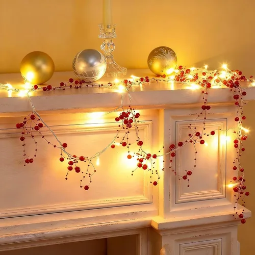 Vista 7 de Mudder Guirnalda de 30 luces LED de Navidad de 10 pies con cuentas de bayas de metal, guirnalda de luces de Navidad para interiores para chimenea