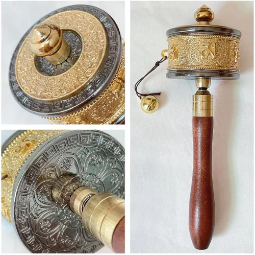 Vista 3 de Rueda de oración de mano de cobre con budista tibetano de seis caracteres de verdad de Buda de primera calidad, rueda de oración de mango de madera