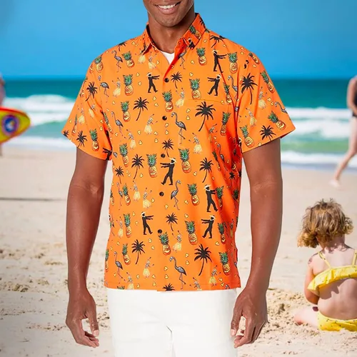 Vista 2 de Funny Guy Mugs Men's Hawaiian Print Button Down Short Sleeve Shirt