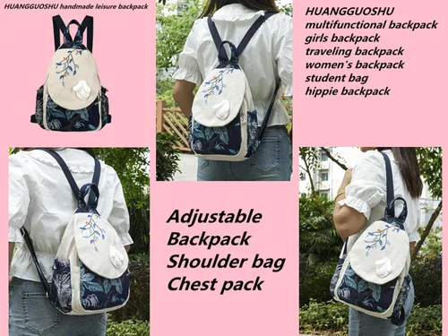 Vista 138 de HUANGGUOSHU Mochila de algodón tejida de algodón bohemio con bordado de lona estilo bohemio con múltiples bolsillos retro linda mochila cartera