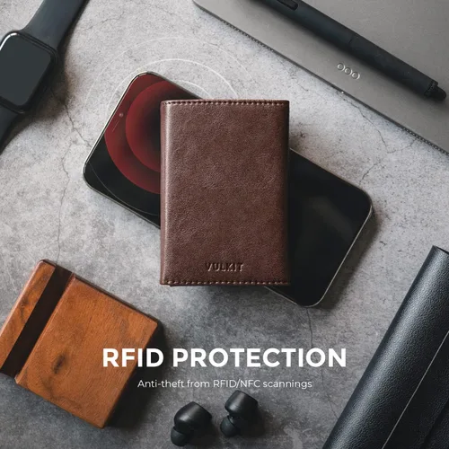 Vista 6 de VULKIT Cartera con tarjetero para hombre, con cierre magnético, bloqueo RFID, billetera de cuero triple, Espresso, Moderno