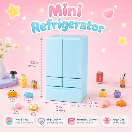 Vista 2 de Dollhouse - Mini refrigerador de juguete con 90 piezas de mini juego de jugo de helado de comida, juguete de nevera en miniatura para casa