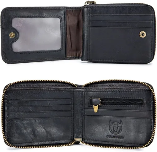 Vista 5 de Cuero auténtico hombres billetera cremallera RFID bloqueo vintage billeteras billeteras billeteras