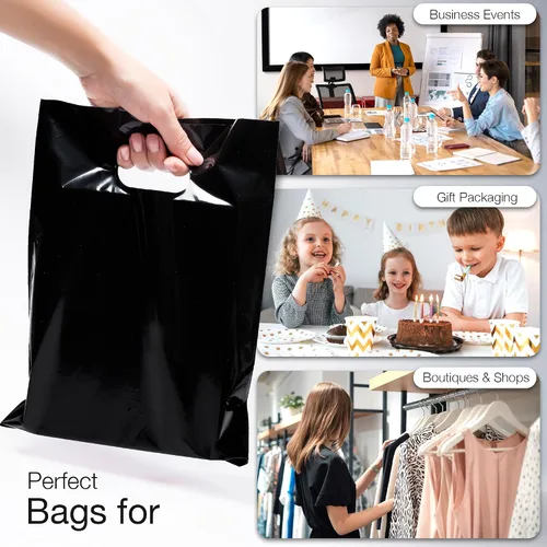 Vista 6 de Choice Marts Bolsas de mercancía 100 negras 9"x12" Tamaño 1.5Mil de grosor con asas Glossy Black Retail Bags. Convenient Carry Handles. Ideal For
