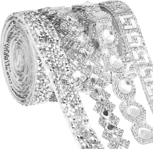 Vista 9 de Juexica Cintas autoadhesivas de diamantes de imitación de 4 yardas, 4 estilos de rollo de diamantes de imitación, cinta brillante con purpurina