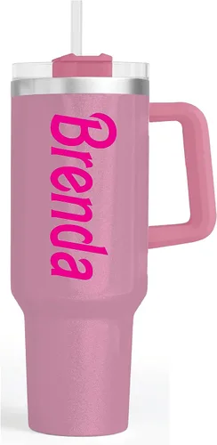 Vista 3 de Vaso personalizado de 40 onzas con asa y pajilla, vaso aislado de acero inoxidable, taza de viaje, taza de café de doble pared para bebidas frías