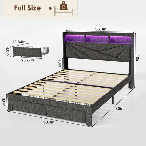 Vista 2 de Driftalia Base de cama de tamaño completo con cabecera de almacenamiento de 2 niveles, base de cama de tamaño completo tapizada con 2 cajones