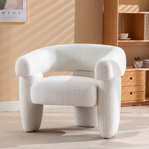 Vista 3 de Silla de barril moderna de mediados de siglo, tipo Accent, cómoda, tapizada, redonda, con diseño de montaje, sillón de salón de estilo Sherpa Boucle