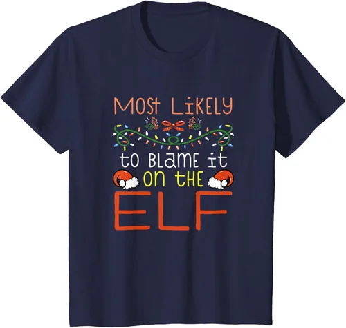 Vista 37 de Camiseta de Navidad familiar a juego con la frase "Most Likely To Blame It On The Elf" Negro