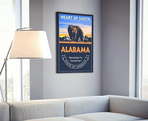 Vista 2 de Póster del estado de Alabama, impresión de póster de Alabama, póster con emblema del estado de Alabama, póster de estado de viaje retro, arte