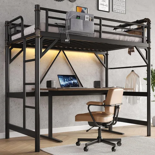 Vista 10 de Cama tipo loft tamaño Twin con luces LED y estación de carga, marco de cama loft de metal industrial de servicio pesado con escalera y barandilla