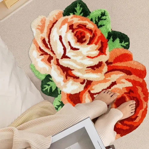 Vista 3 de USTIDE Bonita alfombra de baño de rosas para baño, alfombra de baño naranja de lujo, antideslizante, con forma de flor, alfombra de ducha de felpa