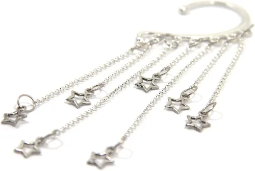 Vista 4 de Orejera de estrella, aretes de plata, sin perforaciones, piercing falso, brazalete de cadena larga, aretes de imitación de piercing llamativo
