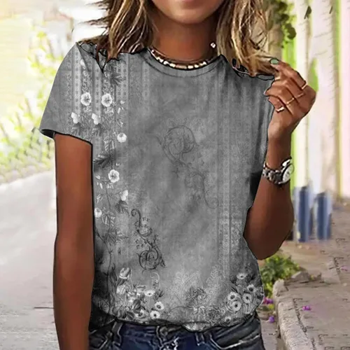 Vista 2 de Blusa elegante para mujer, de manga corta, casual, con estampado de flores, cuello redondo