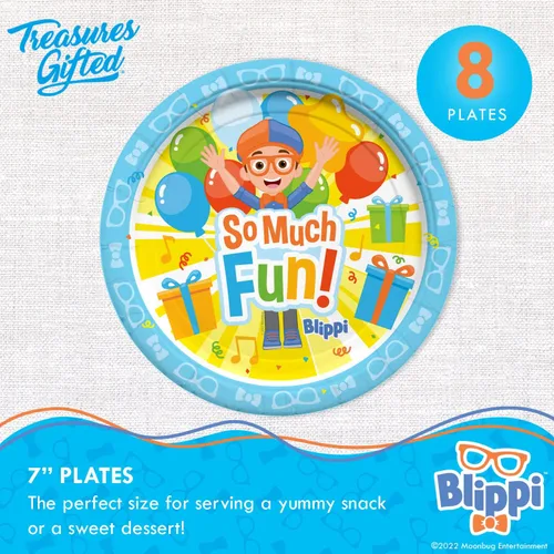 Vista 2 de Treasures Gifted Platos de postre Blippi con licencia oficial de 8 unidades – 7 pulgadas – Platos de fiesta Blippi – Suministros para fiesta