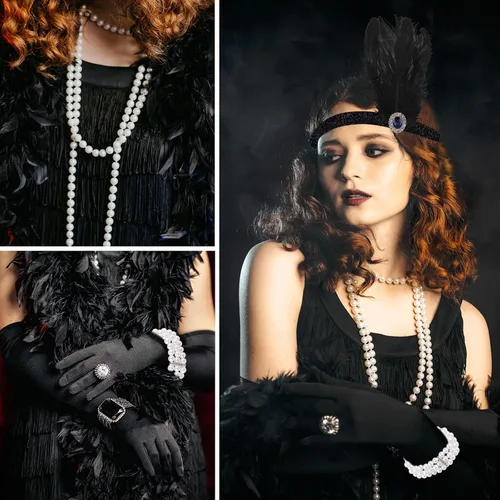 Vista 6 de PLULON 1920s Sequin Beaded Fringed Flapper Dress with 20s Accessories Set