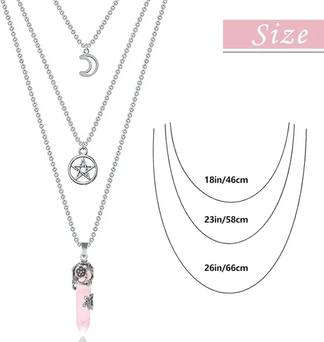 Vista 6 de MJartoria Collar de pentagrama de luna, collar de chakra de cristal, colgante, con dije, cadena de aleación multicapa, conjunto de gargantilla
