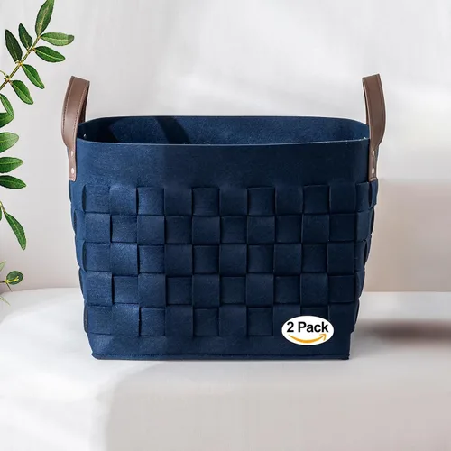 Vista 9 de boldmonkey Cesta para mantas de 15 x 13 x 11 pulgadas, paquete de 2 cestas rectangulares grandes para ropa sucia con mango de cuero, cesta suave