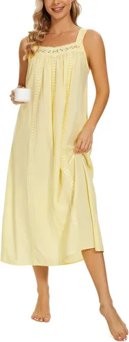 Vista 2 de YOZLY Camisones de algodón para mujer, sin mangas, bordados, con bolsillos, S-XXL