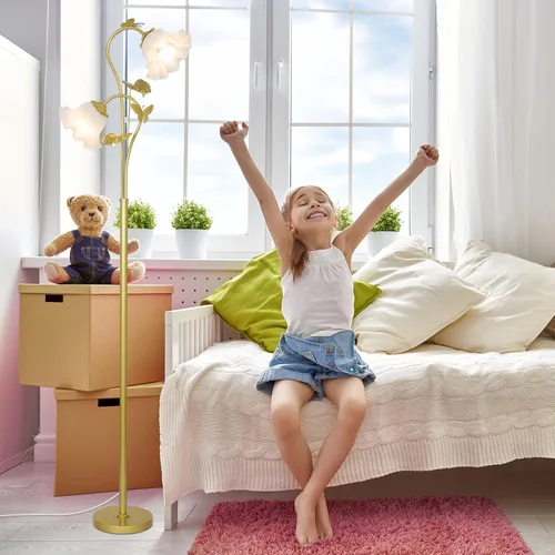 Vista 7 de HMVPL Lámpara de pie dorada para sala de estar, lámpara de pie de flor con 2 bombillas LED de 5 W, interruptor de pie, lámpara alta floral