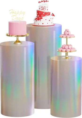 Vista 13 de Wokceer Fundas de soporte de cilindro de elastano para fiesta, 3 piezas, fundas de pedestal de cilindro, cubierta de pilar para fiesta de Beige