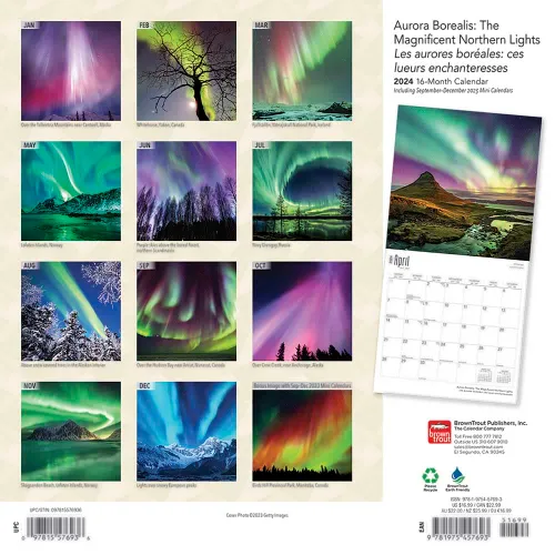 Vista 2 de Aurora Borealis Les aurores boréales 2024 12 x 24 Inch Monthly Square Wall Calendar Foil Stamped Cover EnglishFrench Bilingual BrownTrout USA