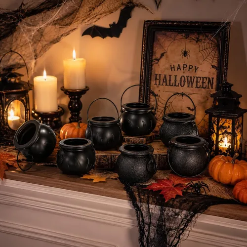 Vista 5 de LUOZZY 24pcs mini caldero de caramelo caldero Halloween caramelo cubo con mango decoración de fiesta de Halloween
