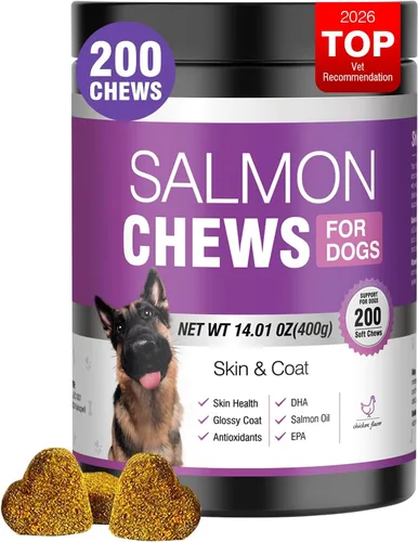 Vista 11 de Suplemento de Omega 3 para piel y pelaje para perros 200 masticables, suplementos de aceite de pescado para perros con ácidos grasos EPA y DHA