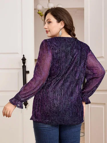 Vista 3 de Hanna Nikole Blusa de fiesta con lentejuelas brillantes para mujer, talla grande, manga larga, de malla, con purpurina, cuello en V, elegante