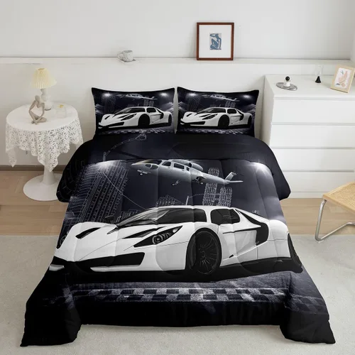 Vista 10 de Feelyou Juego de edredón azul de carreras para niños, juego de ropa de cama de coche deportivo para niños y niños, edredón deportivo geométrico a