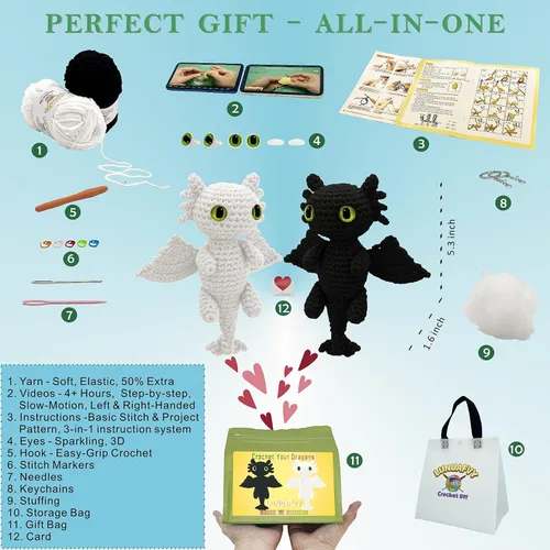 Vista 3 de LuNuaFvy Kit de ganchillo para principiantes, adultos/adolescentes/niños mayores de 9 años - Juego de dragón Amigurumi Animal con video de 4 horas