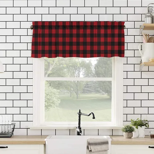 Vista 111 de Cenefa de cortina con lazo rojo de Navidad para ventanas, sala de estar, cocina, baño, granja, bolas de Navidad de acuarela con diseño de bayas
