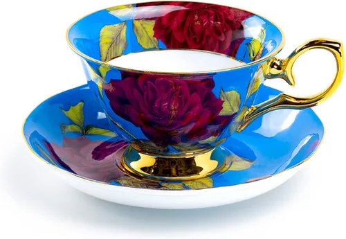Vista 9 de Taza de té y platillo de porcelana de hueso rosa de tallo (negro)