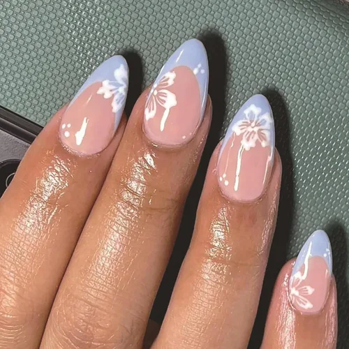 Vista 26 de Uñas postizas cortas en forma de almendra SWEKKE con punta francesa, uñas falsas con diseños de flores 3D en amarillo y rosa, uñas adhesivas