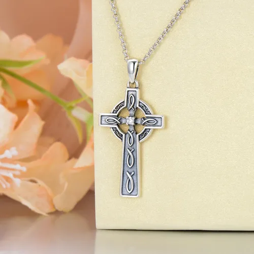 Vista 2 de PELOVNY Collar de cruz de plata esterlina S925 con colgante de pez Jesús, joyería cristiana, regalo para mujeres, amigas, novias, Plata esterlina