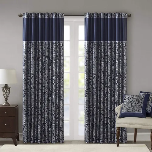 Vista 17 de Madison Park Cortina jacquard de paisley de seda sintética, con bolsillo para barra con forro de privacidad para sala de estar, cocina, dormitorio