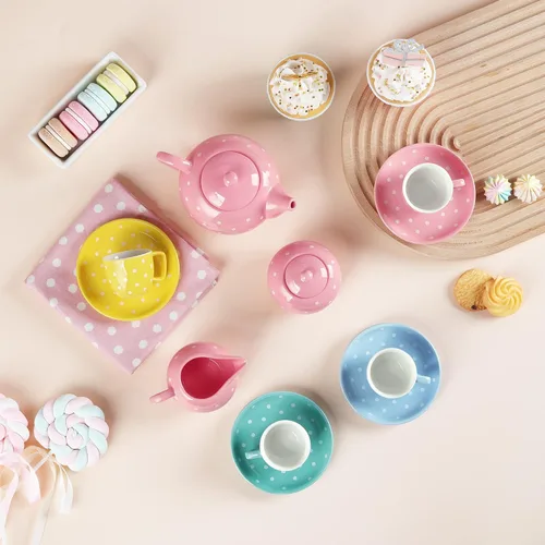 Vista 4 de fanquare Juego de té de porcelana para niñas y adultos, juego de té colorido de 12 piezas con caja de regalo para fiestas de té en casa y cumpleaños