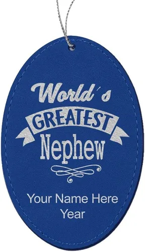 Vista 8 de LaserGram Personalized Christmas Ornament, World's Greatest Nephew, Faux Leather, Custom Laser Engraved Gift Idea (Oval Shape, Black with Gold)