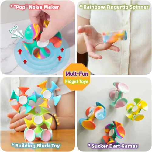 Vista 3 de Paquete de 4 Fidget Spinner con ventosa – Juguete sensorial seguro y suave para aliviar la ansiedad para adultos y niños de 8 a 12 años Juego
