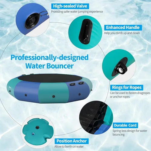Vista 3 de Goplus - Trampolín inflable de agua de 10 pies, 12 pies, 15 pies, rebotador acuático recreativo con inflador eléctrico, escalera de cuerda, cuerdas