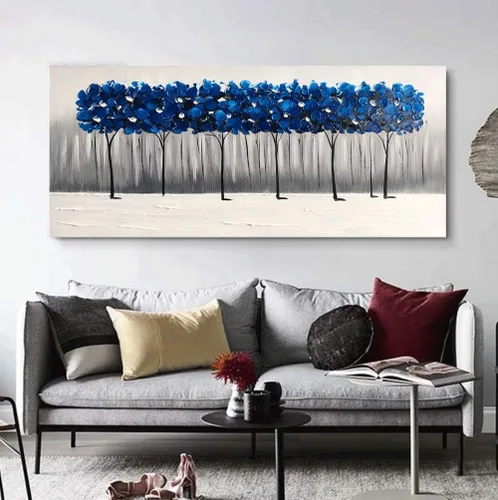 Vista 8 de Yihui Arts - Pintura al óleo de árbol azul pintado a mano en lienzo, paisaje moderno abstracto, obra de arte para pared, decoración para sala