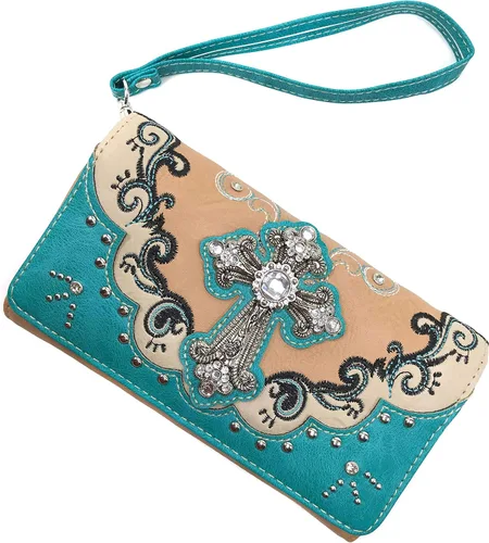 Vista 2 de Zelris Western Silver Cross Turquesa Mujeres Crossbody muñeca Trifold Wallet