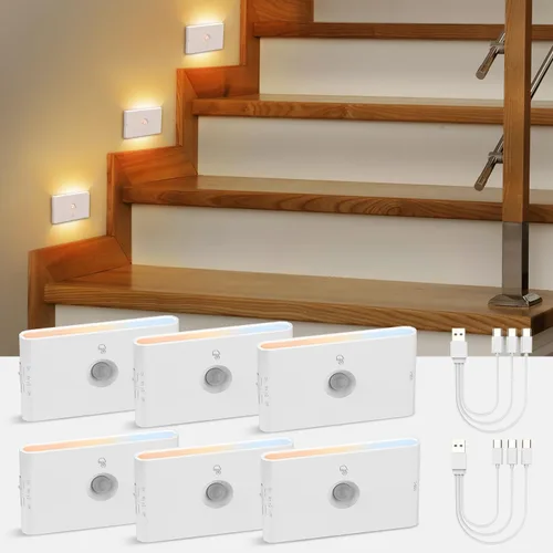 Vista 9 de wowatt Luz de escalera recargable con sensor de movimiento, luces de noche blancas con montaje magnético, luces de escalera regulables para Blanco